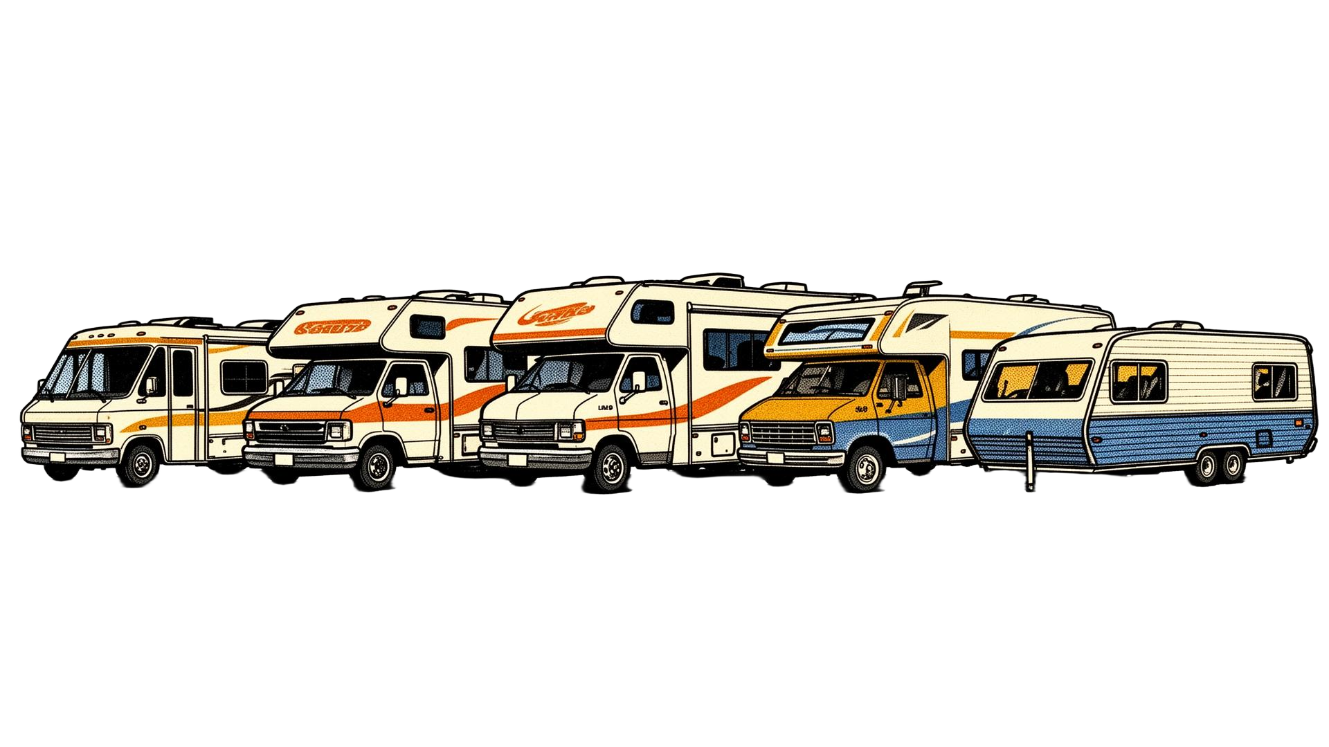 Vintage halftone illustration of six RVs lined up